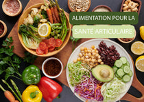 Pleins de légumes en arrière plan avec un titre par dessus "Alimentation pour la santé articulaire"