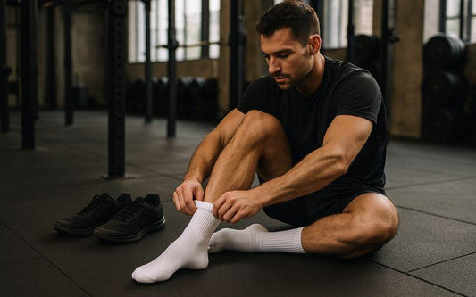 monsieur qui met des chaussettes de compression avant de faire son sport