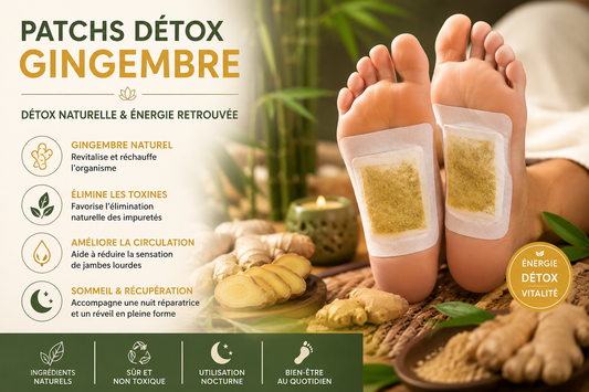 patchs détox gingembre appliqués sur deux pieds