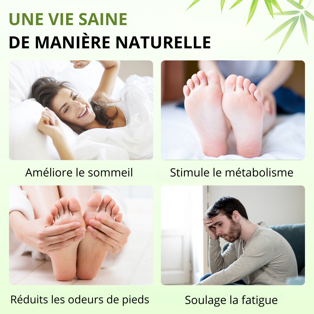 Tableau avec image des bénéfices d'une cure avec les patchs de détox aux bambou